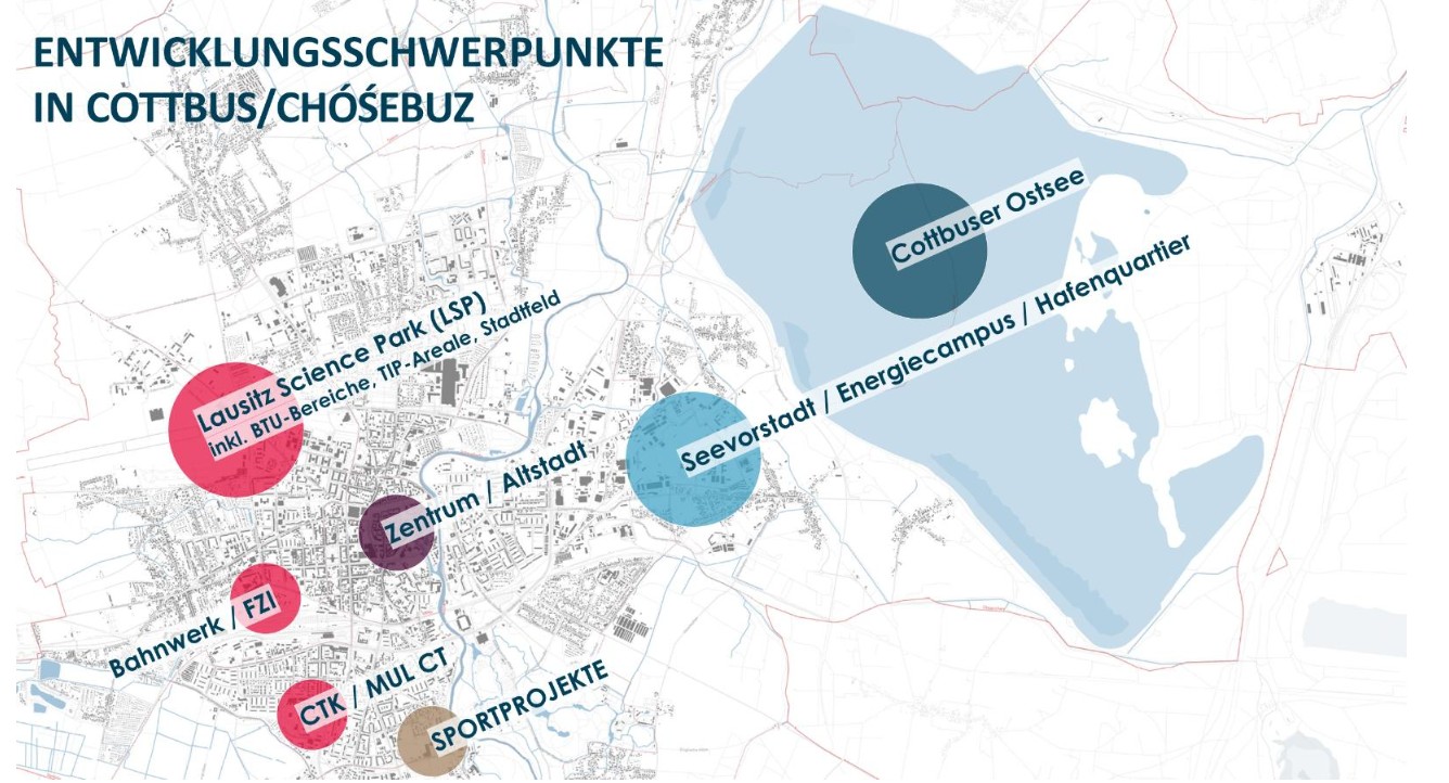 Karte mit den Schwerpunkten Stadtentwicklung in Cottbus