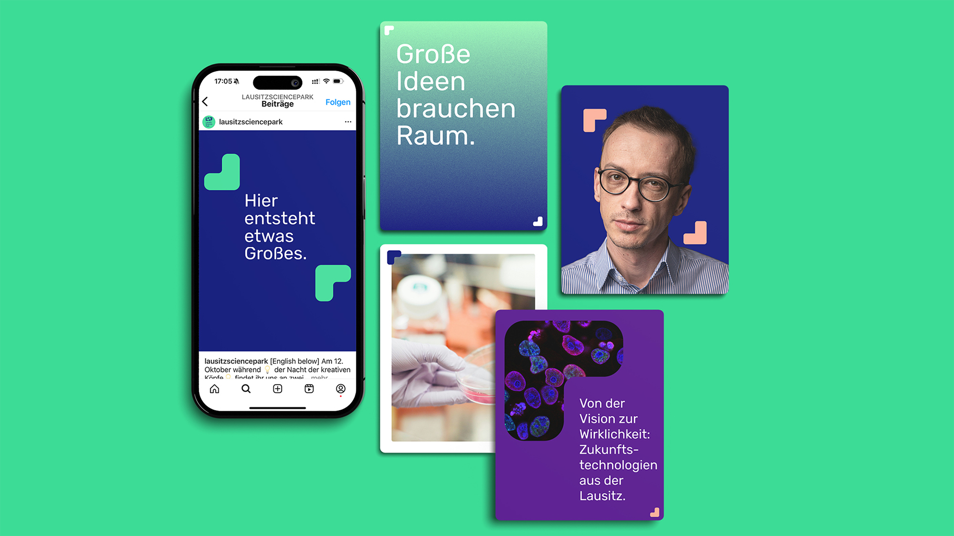 Anwendungsbeispiel des Corporate Designs auf Socialmedia Beiträge, gestaltet von wirDesign.