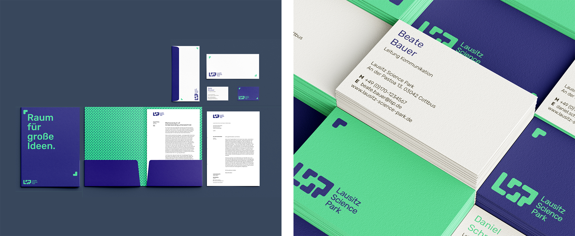 Anwendungsbeispiel des Corporate Designs auf  Mappen und Visitenkarten, gestaltet von wirDesign.