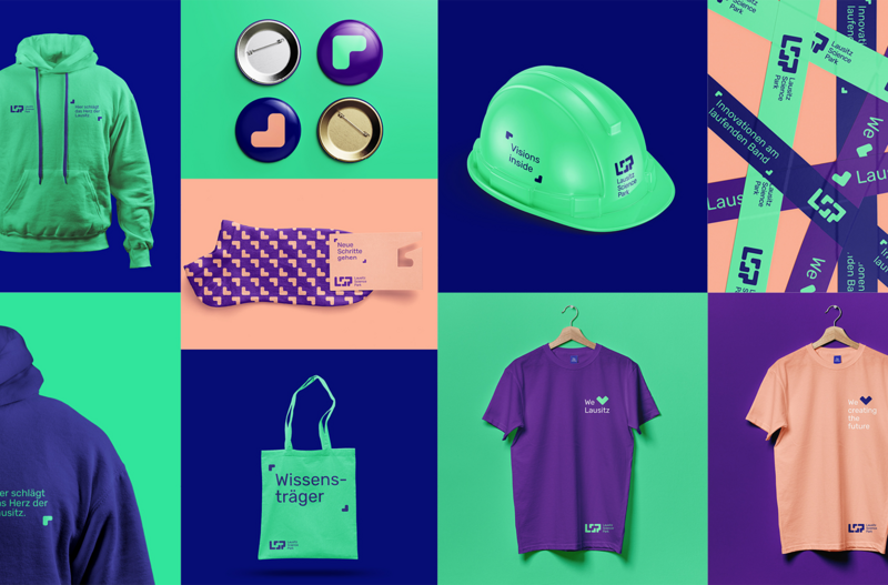 Merchandisevorschläge im LausitzScience Park Design, u.a. Socken, Hoodies, Beutel oder Schlüsselbänder